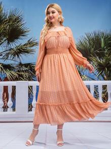 Đầm Plus Size Xù Dải chun Thắt nơ trước Tất cả trên in Thanh lịch - trái cam - Xem 4