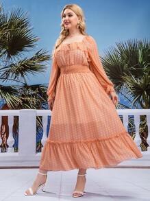 Đầm Plus Size Xù Dải chun Thắt nơ trước Tất cả trên in Thanh lịch - trái cam - Xem 5