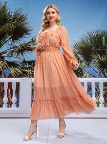 Đầm Plus Size Xù Dải chun Thắt nơ trước Tất cả trên in Thanh lịch - trái cam - Xem 6