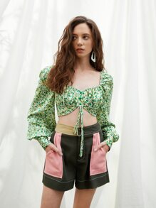 SHEIN VCAY 小碎花燈籠袖前繫帶上衣 - 彩色 - 查看 4