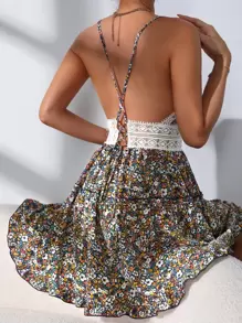 Ditsy Floral Contrast Lace Backless Cami Dress - Multicolor - View 1