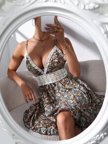 Ditsy Floral Contrast Lace Backless Cami Dress - Multicolor - View 4