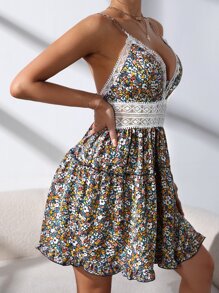 Ditsy Floral Contrast Lace Backless Cami Dress - Multicolor - View 5