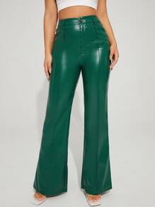 SHEIN BAE 素色闊腿PU皮革長褲 - 墨綠色 - 查看 1