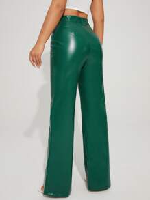 SHEIN BAE 素色闊腿PU皮革長褲 - 墨綠色 - 查看 2