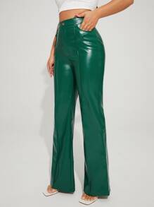 SHEIN BAE 素色闊腿PU皮革長褲 - 墨綠色 - 查看 3