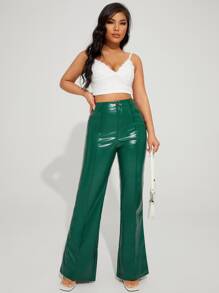 SHEIN BAE 素色闊腿PU皮革長褲 - 墨綠色 - 查看 4