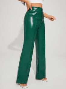 SHEIN BAE 素色闊腿PU皮革長褲 - 墨綠色 - 查看 5