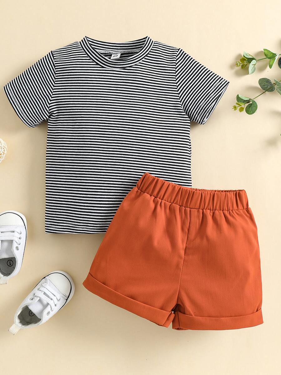 嬰兒條紋圖案小高領T恤和短褲 - 彩色 - 查看 1