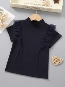 Niñas Camiseta de malla en contraste de cuello alto - Azul Marino - Ver 1