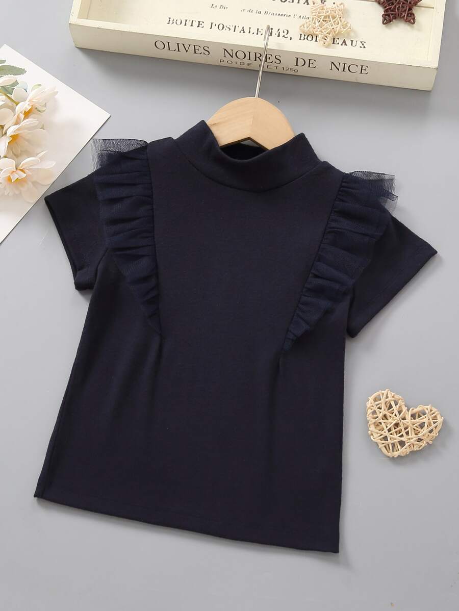 Niñas Camiseta de malla en contraste de cuello alto - Azul Marino - Ver 1