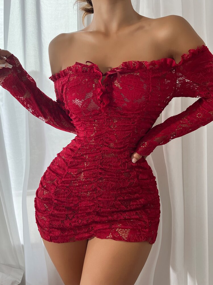 Floral Lace Off Shoulder Bodycon Lingerie Dress With Thong, For Christmas - Burgundy - View 1