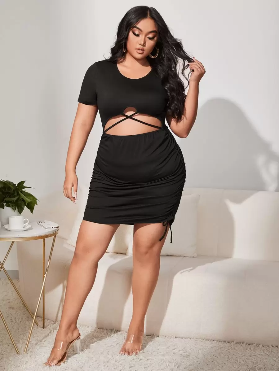 大碼交叉鏤空側抽繩洋裝 - 黑色 - 查看 1