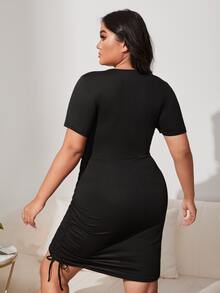 大碼交叉鏤空側抽繩洋裝 - 黑色 - 查看 2