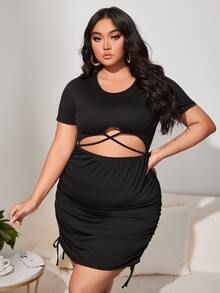 大碼交叉鏤空側抽繩洋裝 - 黑色 - 查看 3