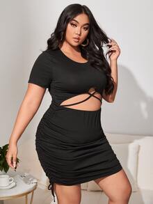 大碼交叉鏤空側抽繩洋裝 - 黑色 - 查看 4