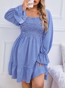 Vestido de guingán con fruncido bajo con fruncido - Azul y blanco - Ver 1