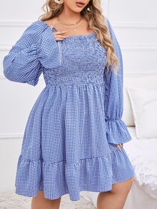 Vestido de guingán con fruncido bajo con fruncido - Azul y blanco - Ver 4