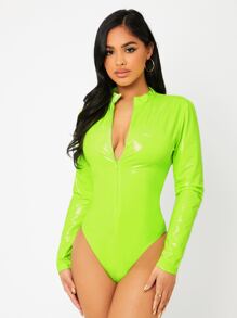 SHEIN SXY Neon Green Zipper Front Patent Bodysuit - Lime Green - View 3