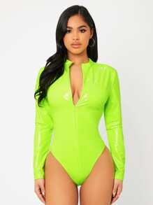 SHEIN SXY Neon Green Zipper Front Patent Bodysuit - Lime Green - View 4