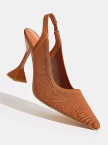 Minimalist Knit Slingback Pyramid Pumps - Brown - View 5