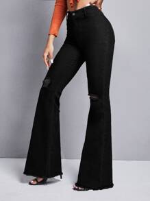 SHEIN ICON Jeans de pierna amplia de talle alto bajo crudo