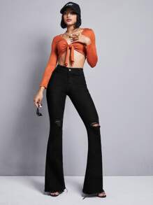 SHEIN ICON Jeans de pierna amplia de talle alto bajo crudo