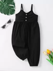 嬰兒女寶寶假扣透褶前胸工裝連身衣 - 黑色 - 查看 1