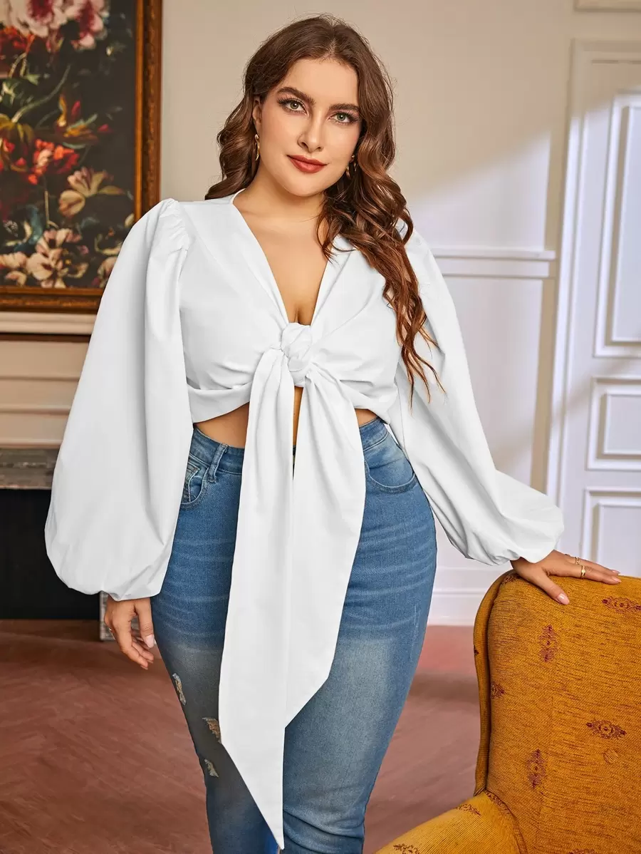 SHEIN Privé áo nữ kích thước lớn Thắt nơ trước màu trơn Boho - trắng - Xem 1