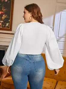 SHEIN Privé áo nữ kích thước lớn Thắt nơ trước màu trơn Boho - trắng - Xem 2