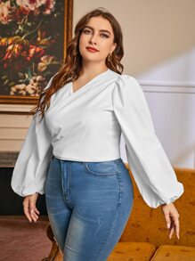 SHEIN Privé áo nữ kích thước lớn Thắt nơ trước màu trơn Boho - trắng - Xem 4