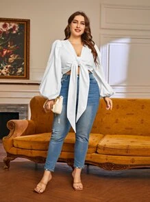 SHEIN Privé áo nữ kích thước lớn Thắt nơ trước màu trơn Boho - trắng - Xem 5