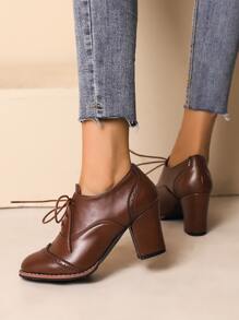 女用繫帶粗跟高跟鞋,四季皆宜,粗跟 Pu 棕色戶外鞋 - 摩卡棕 - 查看 2