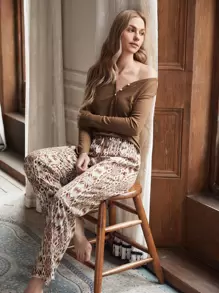 半排扣V領幾何印花睡衣套裝 - 彩色 - 查看 1