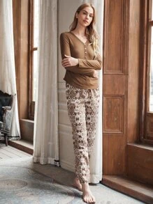 半排扣V領幾何印花睡衣套裝 - 彩色 - 查看 3