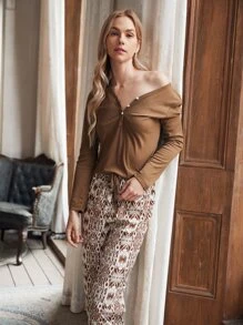 半排扣V領幾何印花睡衣套裝 - 彩色 - 查看 4