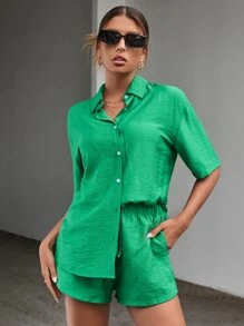 Chiquease Button Through Drop Shoulder Shirt & Drawstring Waist Shorts - Green - View 5