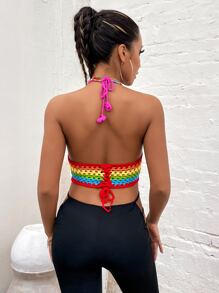 彩虹條紋圖案繫帶勾織吊脖吊帶上衣 - 彩色 - 查看 2