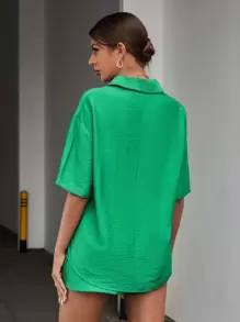 Chiquease Button Through Drop Shoulder Shirt & Drawstring Waist Shorts - Green - View 2