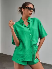 Chiquease Button Through Drop Shoulder Shirt & Drawstring Waist Shorts - Green - View 6