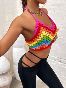 彩虹條紋圖案繫帶勾織吊脖吊帶上衣 - 彩色 - 查看 5