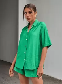 Chiquease Button Through Drop Shoulder Shirt & Drawstring Waist Shorts - Green - View 4