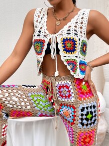 Patchwork Crochet Cover Up Top - White - View 1