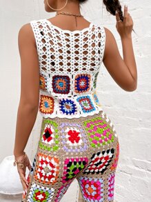 Patchwork Crochet Cover Up Top - White - View 2