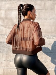 SHEIN SXY Áo khoác nữ cắt Dây kéo màu trơn Giải trí - Cà phê nâu - Xem 2