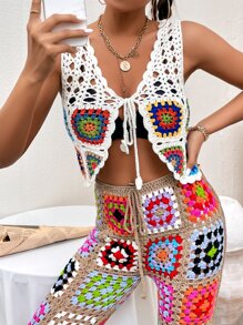 Patchwork Crochet Cover Up Top - White - View 6