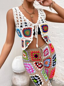 Patchwork Crochet Cover Up Top - White - View 7