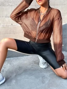 SHEIN SXY Áo khoác nữ cắt Dây kéo màu trơn Giải trí - Cà phê nâu - Xem 6