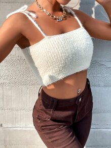 SHEIN Unity Tie Shoulder Fluffy Cami Knit Top - Beige - View 1