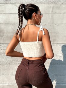 SHEIN Unity Tie Shoulder Fluffy Cami Knit Top - Beige - View 2